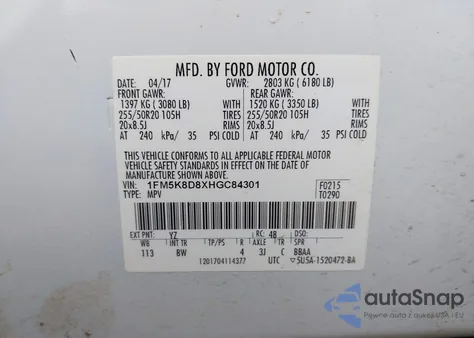 2017 Ford Explorer Xlt из США, поврежденный, VIN 1FM5K8D8XHGC84301